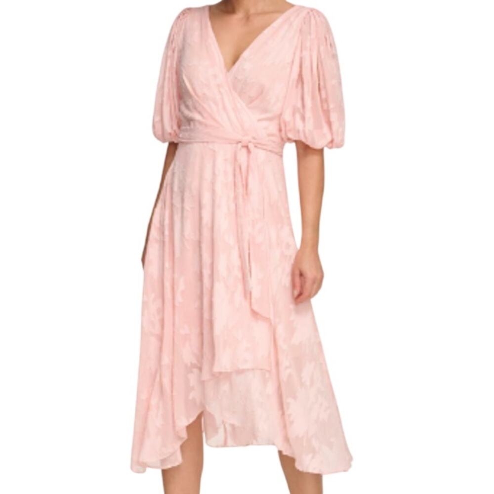 DKNY Light Pink Floral Jacquard Faux Wrap Balletcore Feminine Fairycore Dress